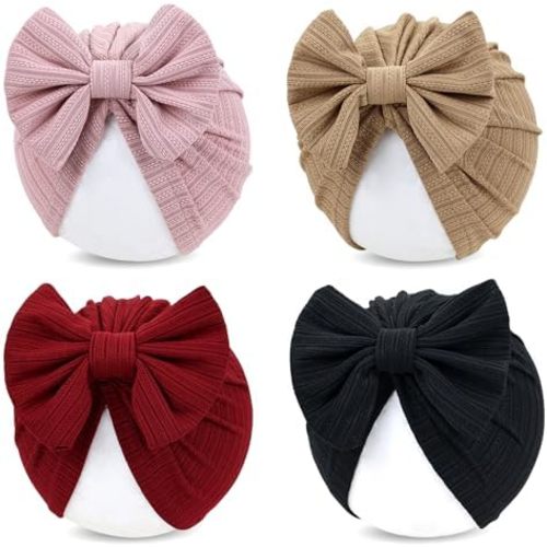 Cinaci 4 Pieces Baby Girls Turban Hats with Bow Newborn Hospital Caps Bonnets Beanies Headwraps for Infants Toddlers