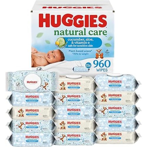 Huggies Natural Care Cucumber, Aloe and Vitamin E Baby Wipes, Hypoallergenic, Scented, 15 Flip-Top Packs (960 Wipes Total), Packaging May Vary
