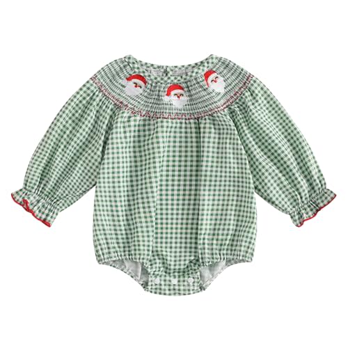Honganda Newborn Baby Girl Christmas Outfit Plaid Smocked Bubble Romper Santa Claus Gingerbread Man Embroidery Xmas Clothes