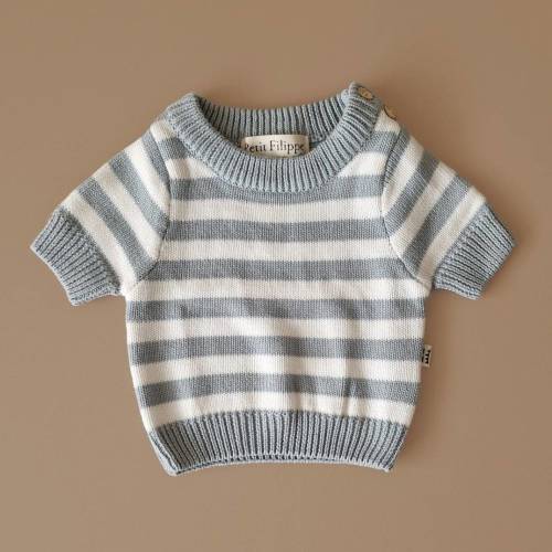 Striped Sweater - Short Sleeve - Cotton - Misty Blue & Ivory