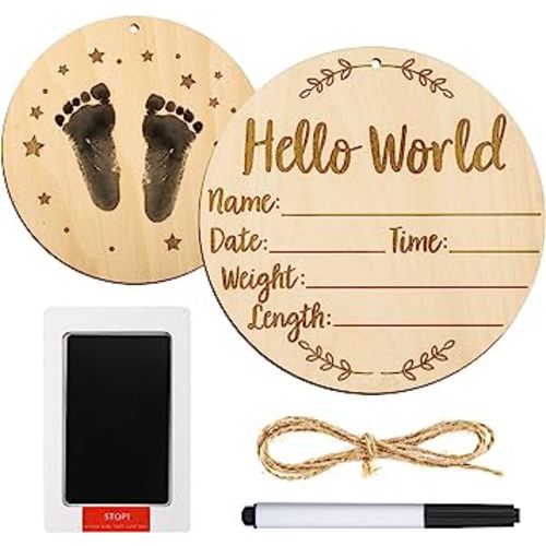 Baby Announcement Sign, 5.9 Inch Round Baby Nursery Name Signs with Ink Pad for Baby Hand and Footprints Wooden Hello World Newborn Sign for Photo Prop