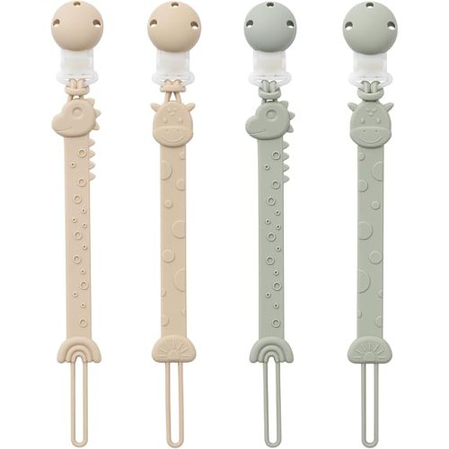 Pacifier Clips for Baby One Piece Silicone Pacifier Holder Clips for Boys Girls Paci Binky Clips 4Pcs Pacifier Clip Animal Design Rainbow-Ivory+Sage