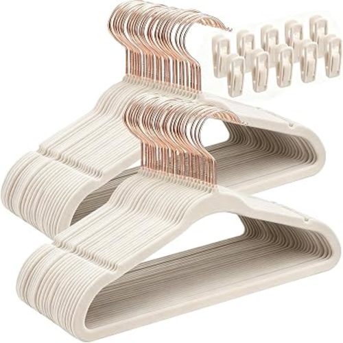 50 Pack Kids Velvet Hangers, 14" Ultra Slim Baby Hangers for Toddler with Rose Gold Swivel Hook, Non-Slip Youth Clothes Hangers with 10 Removable Clips for Child Nursery, Beige