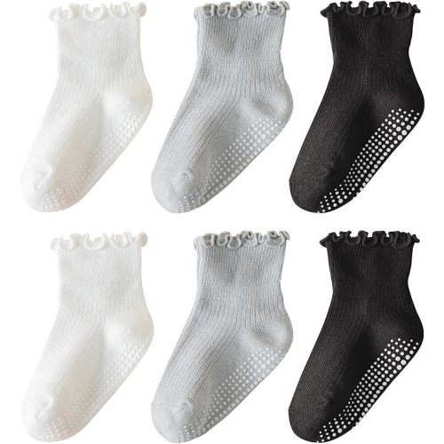 6 Pairs Toddler Ruffle Socks for Girls Baby Grip Socks Non Slip Socks Cute Grippy Frilly