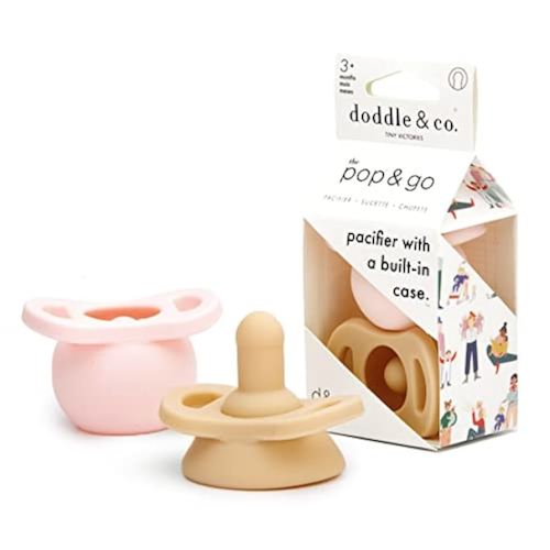 Doodle & Co. Pop & Go Pacifier for New Born Babies with Built-in Case | Pinch to Close Version | 100% Silicone for Infants | Helps Promote Oral Development | Plastic Free | 3+ Months