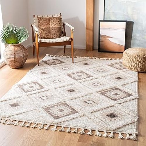 SAFAVIEH Moroccan Tassel Shag Collection Area Rug - 5'3" x 7'6", Ivory & Brown, Boho Design, Non-Shedding & Easy Care, 2-inch Thick Ideal for High Traffic Areas in Living Room, Bedroom (MTS601A)