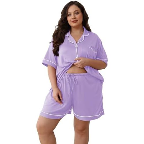 Women Plus Size Pajamas Button Down Short Sleeve Top & Shorts Lounge Sets Outfit Summer Soft Pj Bride Sleepwear