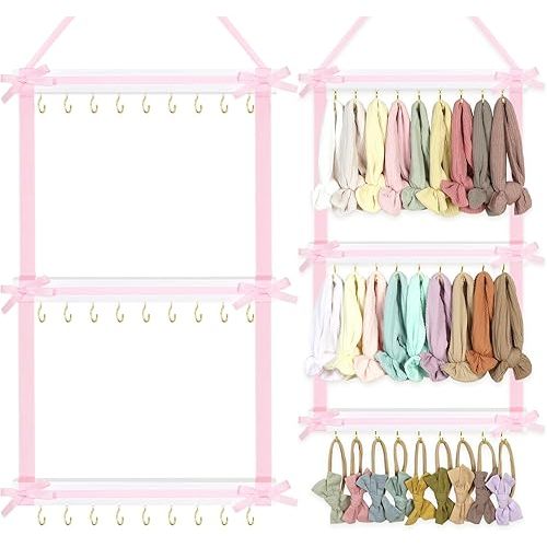 POVETIRE Headband Holder for Baby Girls, Hanging Headband Organizer Nylon Hairband Storage,Wall Hair Accessories Organizer Display for Nursery Room Decor