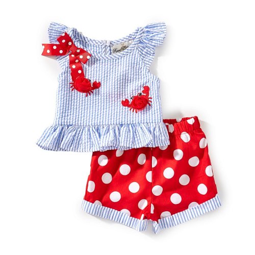 Rare Editions Baby Girls Newborn-24 Months Flutter-Sleeve Striped Crab-Appliqued Top & Large-Dot Shorts Set