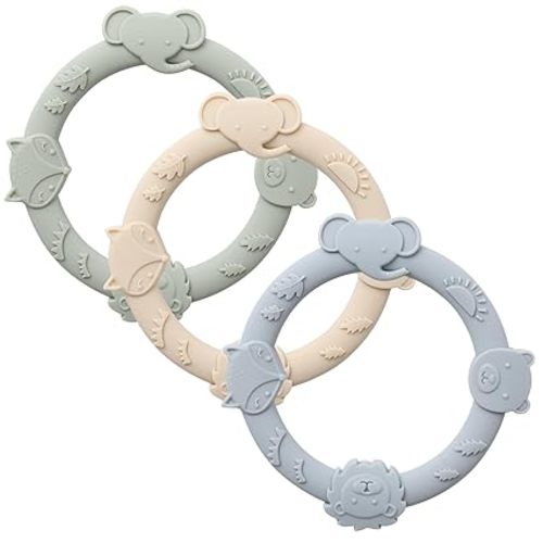 Silicone Teethers for Babies 0-6 6-12 Months Teething Toys for Infants Baby Chew Toys for Sucking Needs Baby Teething Rings for Infant Boys and Girls 3 Pack Animal Baby Blue - Forest Animal-Ivory+Baby Blue