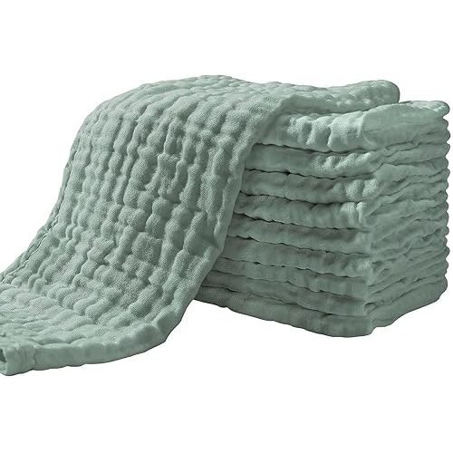 Yoofoss Muslin Burp Cloths for Baby 10 Pack 100% Cotton Baby Washcloths for Boys Girls Large 20''X10'' Super Soft and Absorbent Dark Green