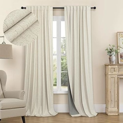 Burlap Colored Blackout Curtain 84 Inch Length 2 Panel Faux Linen Modern Farmhouse Living Room Darkening Curtain for Bedroom Window Black Out Drape for Sliding Glass Door Back Tab 7ft Long 52x84 Beige