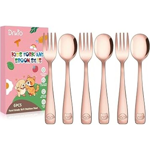 DRKIO Stainless Steel Toddler Utensils Set - 6 Pieces Kids Silverware Set Children Safe Food Grade Small Forks and Spoons Dishwasher Safe Mirror Polished