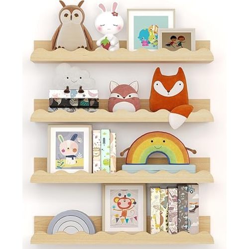 Kids' Bookshelf Set of 4 - Wood Floating Nursery Book Shelves, Picture Ledge Shelf for Wall Decor and Storage - Perfect for Books, Toys, Photo Frames, and Nursery Décor