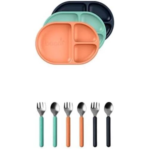 Boon Chow Mealtime Toddler Plates and Utensils Bundle - includes 3 Silicone Plates and 3 Sets of Stainless Steel Toddler Utensils - Toddler Feeding Supplies - Orange, Mint, Navy - 18 Months and Up