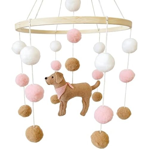 Baby Crib Mobile for Girls Boys Dog Theme Baby Mobile for Crib Mobile for Bassinet with Felt Ball, Pink