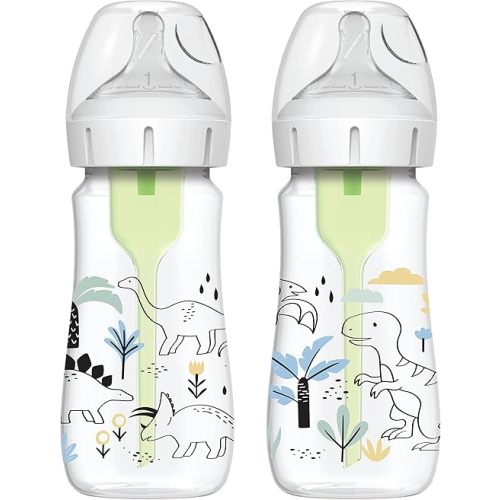 Dr. Brown's Natural Flow® Anti-Colic Options+™ Wide-Neck Baby Bottle Designer Edition Bottles, Dino Decos, 9oz/270mL, Level 1 Nipple, 2-Pack, 0m+