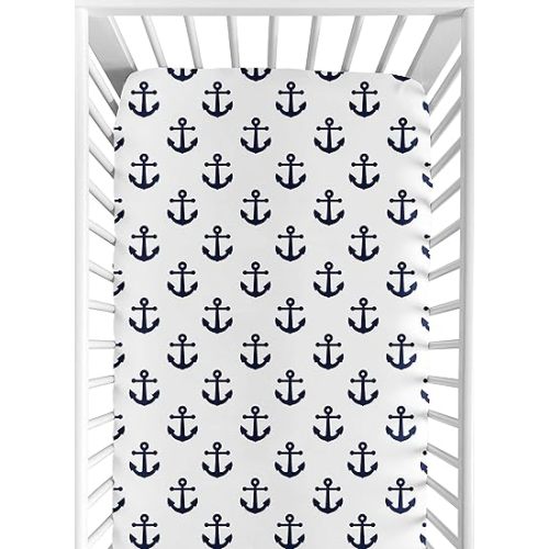 Sweet Jojo Designs Navy Blue White Anchors Boy Girl Fitted Crib Sheet Baby or Toddler Bed Nursery - Nautical Theme Ocean Sailboat Sea Marine Sailor Anchor Unisex Gender Neutral
