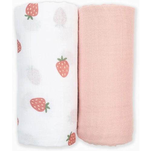 Lulujo Baby Swaddle Blankets | Unisex Softest Breathable Cotton Muslin Swaddle Blanket Set | Neutral Receiving Blanket for Girls & Boys | 40in x 40in | Strawberries & Ballet Slipper | 2-Count