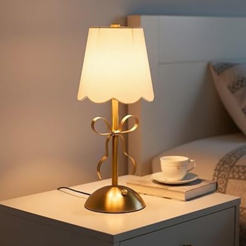 Small Bow Table Lamp,Small Desk Lamp with 3 Color,Touch Dimmable Bedsdie Lamps,Bow Lamp with Fabric Shade,LED Night Light for Girls Room Princess Room Décor