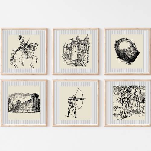 Robin hood set of 6 Digital Download, Knight boy room print set, Knight in Shining Armor, Historical art, Boys nursery, Boys room decor