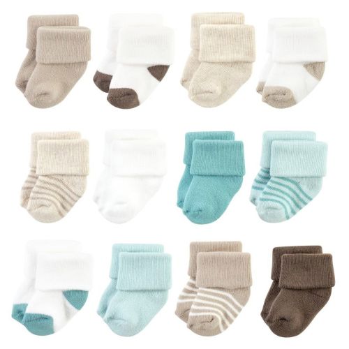 Hudson Baby Cotton Rich Newborn and Terry Socks, Teal Brown Stripe, 0-6 Months