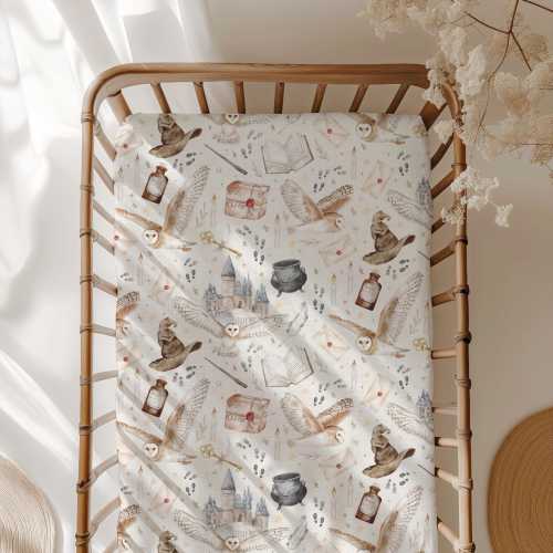 magical owl mail delivery wizard crib sheet for babies nursery, gender neutral fantasy themed babies room