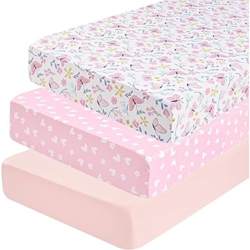 PHF 3 Pack Soft Butterfly Crib Sheets Fitted, Comfy Breathable Baby Sheets for Girls, 28x52 Inches Fits Standard Crib and Toddler Mattresses, Butterfly