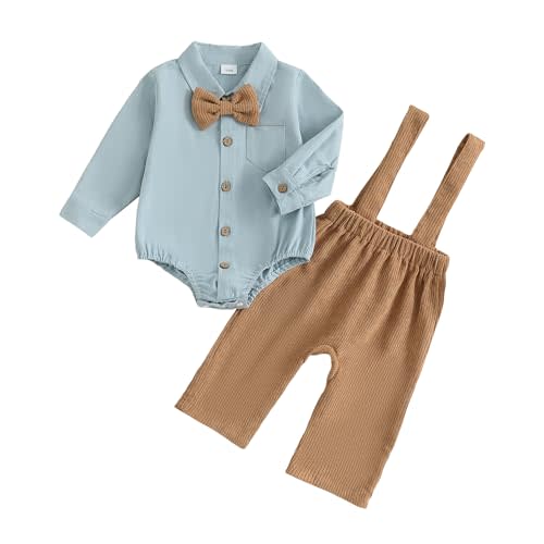 PUHHAPIEY Infant Baby Boys Gentleman Outfits Long Sleeve Bowtie Romper+Suspender Overalls Pants Set Wedding Set Formal