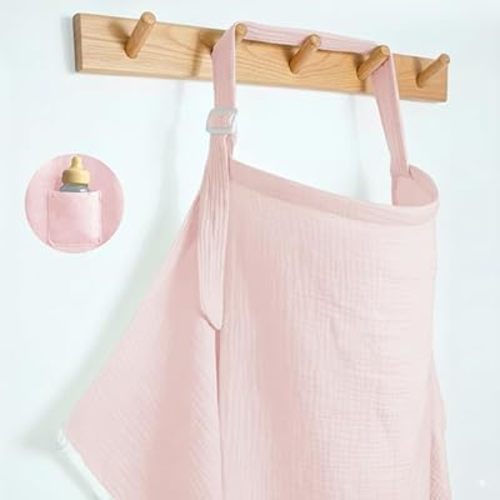 Muslin Nursing Covers for Breastfeeding, Arch Neckline Breast Feeding Covers for Women, Moms Privacy Breathable Summer Nursing Apron, 43.3" x 25.6" Soft Feeding Cover (Light Pink)