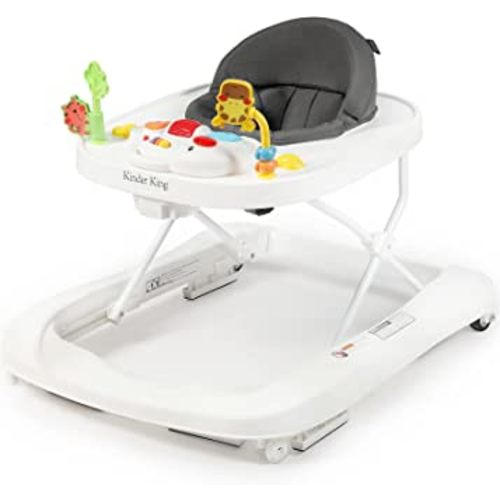 Kinder King 3 in 1 Folding Baby Walker, Activity Walker for Boys Girls, Learning-Seated, Toddler Walk-Behind w/Music Toys, Adjustable Height & Speed, Safety Bumper, Infant Walker Anti-Rollover, Grey