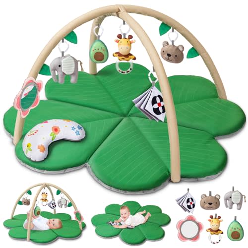 Jyusmile Baby Play Gym Mat, 8-in-1 Tummy Time Mat with 6 Toys, Washable Activity Baby Mat for Visual, Hearing, Sensory, Motor Development, Baby Essentials Gift for Newborn Infant 0-3-6-9-12 Months