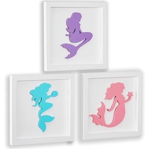 Mermaid Room Decor for Girls Bedroom, 3D Mermaid Wooden Framed Set of 3 Wall Decor, Mermaid Bathroom Accessories, Purple Aqua Pink Nursery Accessories, Hanging Wall Art, Little Mermaid Gift