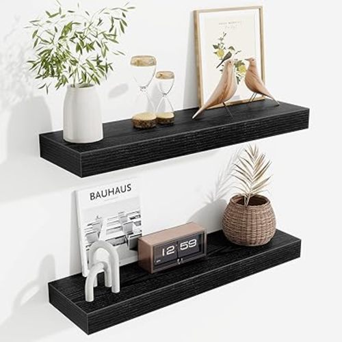 Fun Memories Floating Shelves Set of 2, 24 Inch Floating Shelves for Wall, Wood Wall Shelves with Invisible Brackets, for Bathroom, Bedroom, Living Room, Kitchen, Black