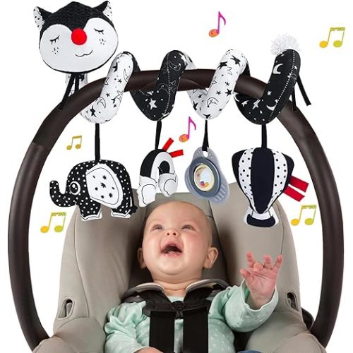 Car Seat Toys for Infants 0-6 Months, High Contrast Baby Toys Black and White Hanging Crib & Stroller Toy 3-6 Newborn Developmental Toy 0-3-6-12 Months with Music Rattles
