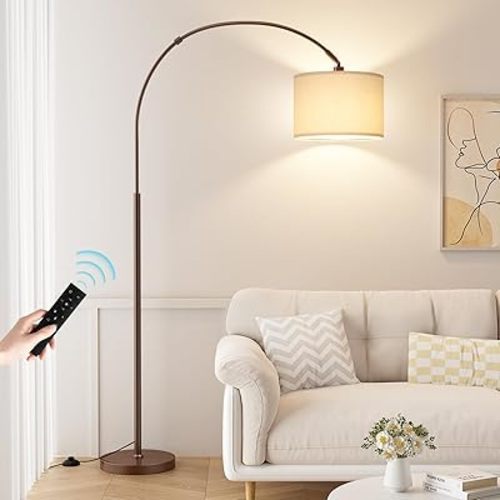Ambimall Dimmable Arc Floor Lamp with Remote, Color Temperatures and Brightness Adjustable, Arched Floor Lamp with Rotating Head, Over Couch Arched Reading Light for Living Room (Deep Beige and Brown)