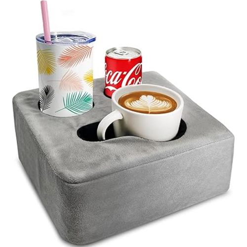Couch Cup Holder Pillow, Nisdoing Couch Cup Holder Tray! Keep Your Drinks Hand Side and KeepTemp, Prevent Spills and Use Anywhere. Cup Holder for Couch, Bed, Man Cave, Car, Park, Beach. Grey
