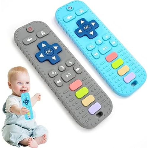 Baby Teething Toys, 2Pack for 0-12 Months, Remote Control Teether, Infant Toys for Baby Boy Girl (Gray+Blue)