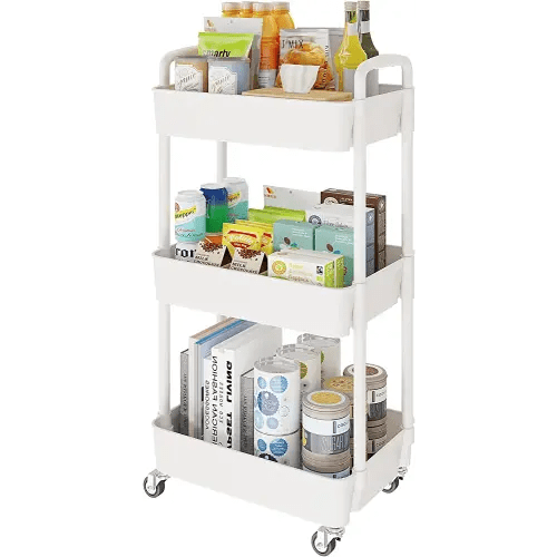 Laiensia 3-Tier Kitchen Storage Cart,Multifunction Utility Rolling Storage  Organizer,Mobile Shelving Unit Cart with Lockable Wheels for