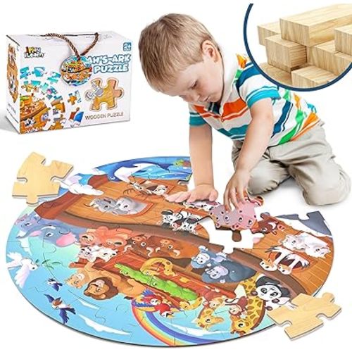 iPlay, iLearn Toddler Noah's-Ark Wooden Animal Puzzle Toy, Kid Floor Puzzle for Age 3-5, 4-8, Large 51 Pieces Round Jigsaw Puzzle Educational Gift, Stocking Stuffers for 6 7 Year Old Boy Girl Children