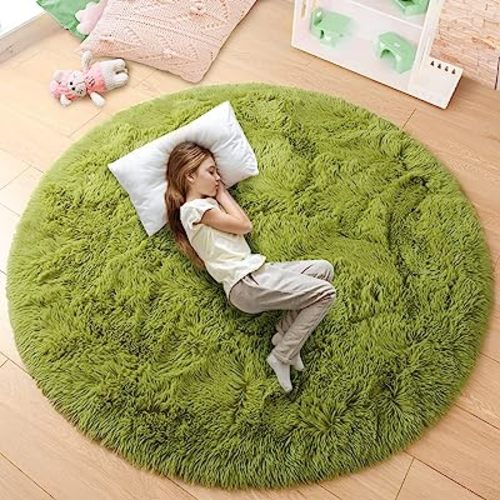 junovo Round Rug 5x5 Feet Fluffy Soft Area Rugs for Kids Girls Room Princess Castle Plush Shaggy Carpet Cute Circle Nursery Rug for Kids Girls Bedroom Baby Room Home Decor Circular Carpet, Green