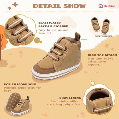 Meckior Toddler Baby Boys Girls High Tops Ankle Sneakers Soft Anti-Slip Sole PU Leather Moccasins Infant Newborn Prewalker First Walking Crib Shoes