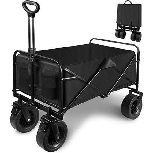 Heavy Duty Collapsible Folding Cart, Large Capacity Outdoor Garden Cart with All-Terrain Wheels & Side Pockets, Utility Beach Wagon for Camping, Picnic, Fishing Activities, Black