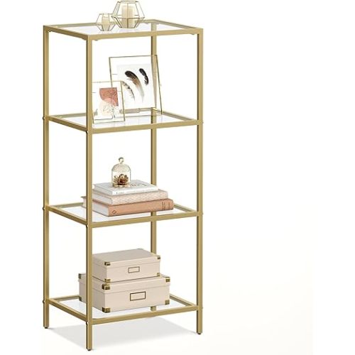 VASAGLE Bookcase, 4-Tier Bookshelf, Slim Shelving Unit for Bedroom, Bathroom, Home Office, Tempered Glass, Steel Frame, Metallic Gold ULGT28G
