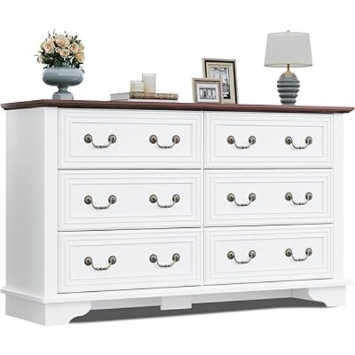 WLIVE Farmhouse Dresser for Bedroom, 51.97'' Wide Wood White Dresser with 6 Drawer, Chest of Drawers with Roman Metal Handle, TV Stand for 60 inch TV, for Living Room, Hallway