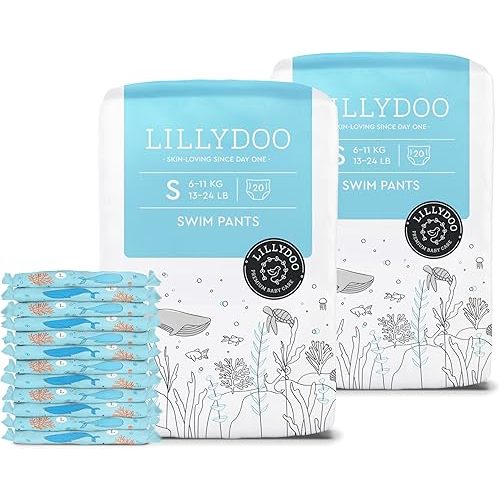 Baby Swim Diapers - Size Small (13-24 lbs), Half-Monthly Supply (40 Count), Blue Whales Design, Skin-Friendly, Perfume- & Chlorine-Free, Hypoallergenic, Dermatologist Tested, Oeko-TEX®
