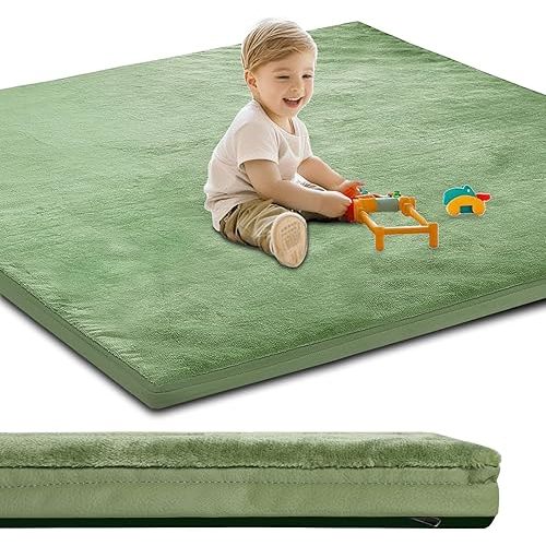 Baby Play Mat for Floor,1.3" Thick Foam 50x50 Play Crawling Mat with Removable Washable Cover,Non Slip Soft Velvet Nursery Rug for Toddlers,Infants,Kids Yoga Mat,Tatami Mat,Green