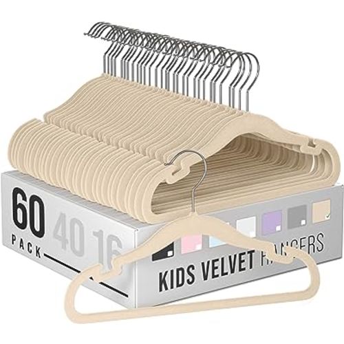 Clothes Baby Hangers for Closets - Unique Notches for Non Slip. Heavy-Duty Velvet Kids & Toddler Hangers for Closet | Ultra Thin Design for Space Saving. Ganchos De Ropa para Bebe (60 Pack Beige)