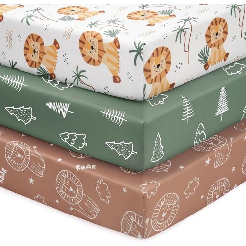 Baby Crib Sheets for Boys and Girls, 3 Pack Fitted Toddler Bed Sheets Neutral for 52”x28” Standard Crib and Toddler Mattresses, Super Soft Microfiber Brown Lion