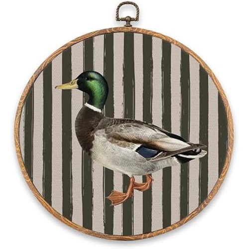 Vintage Mallard Duck Round Wall Art Decor, Duck Nursery Decor,Vintage Ducks Framed Canvas Art, Round Farmhouse Ducks Wall Hanging Decoration for Bedroom Living Room Bathroom Front Door, 10x10 Inch
